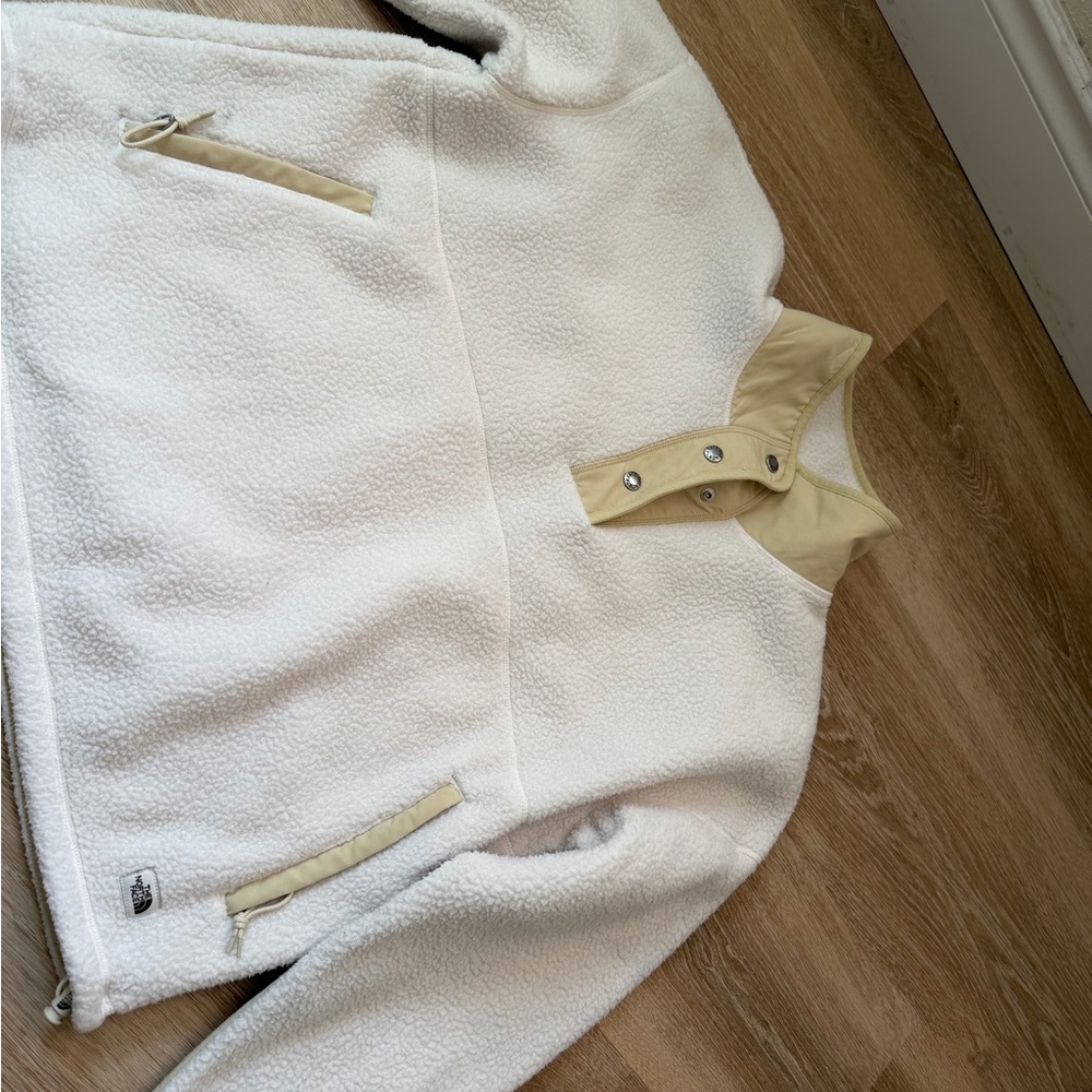 The North Face Cream Sherpa Snap-Placket Pullover with Tan Trim